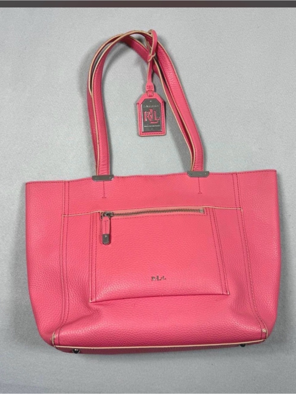 Ralph Lauren Coral-Pink Pebbled Leather Tote with Front Zip Pocket